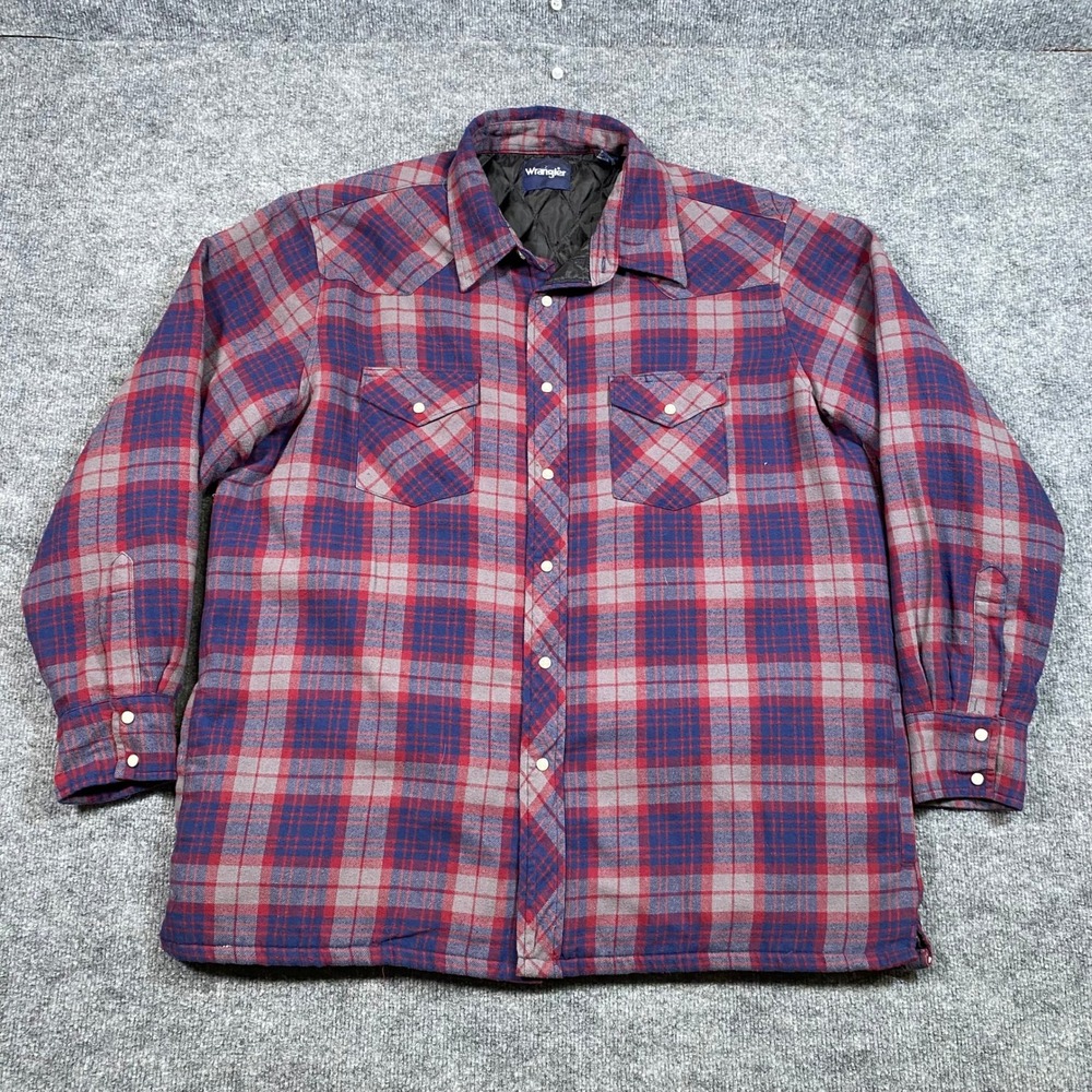Wrangler Mens XL Quilted Lined Flannel Shirt Jacket Western Plaid Pearl Snap Red